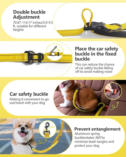 Hands Free Dog Leash & Car Seatbelt, 5.9-9.5ft Crossbody Dog Belt with Dual Soft Handles, Shock-Absorbing, 360° Clip, Reflective Design for Walking, Running, Hiking, Travel.(Yellow)
