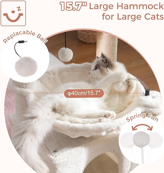 Cat Tree 32 Inches Small Cat Tree for Large Cats Adult Cat Tower with Scratching Post,15.7”Large Hammock and Self Groomer, and Removable Top Perch and Wide Condo for Indoor Cats-Beige