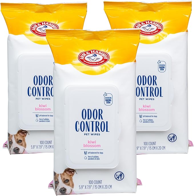 Arm & Hammer for Pets Odor Control Dog Wipes, Deodorizing Wipes with Baking Soda for Dogs Between Baths, Gentle Cleaning Pet Grooming Wipes for Everyday Freshness, Kiwi Blossom Scent, 100 Count - 3 Pk