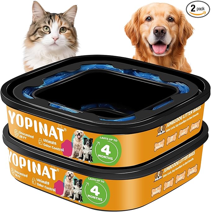 2 IN 1 Genie Refill Bags for Dog Cat 2 Pack - Total 56FT Lasts Up to 8 Months - Superior Odor Control for Dog Poop Cat Litter Bags - Pet Waste Refill Bags Fits Pet Genie and Litter Genie Pails