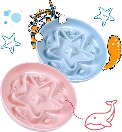 2 Pcs Cat Slow Feeder Bowl – Whisker Friendly Melamine Puzzle Feeding Cat Bowl for Slow Eating – Wet & Dry Food – Dishwasher Safe, Lightweight, Non-Slip (Blue + Pink, 6.3'')