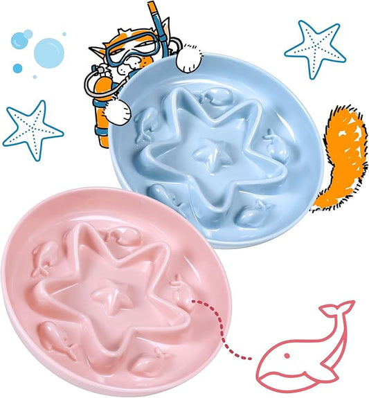 2 Pcs Cat Slow Feeder Bowl – Whisker Friendly Melamine Puzzle Feeding Cat Bowl for Slow Eating – Wet & Dry Food – Dishwasher Safe, Lightweight, Non-Slip (Blue + Pink, 6.3'')