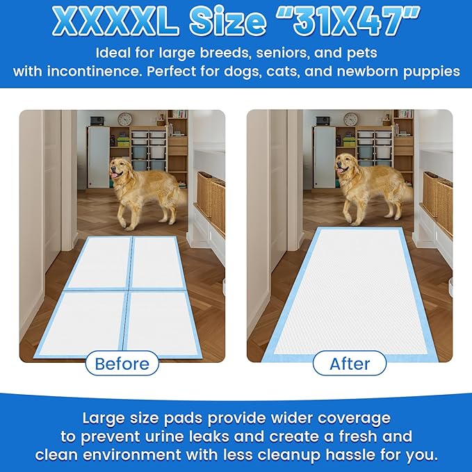 Gimars XXXL 31X47” 40 Count 1200ML Super Absorbent Thicken 6-Layer Ultra Large Dog Pee Pads — Leak-Proof Odor-Control Quick-Dry Training Pads for Large Senior Dogs, Puppies, Cats & Pets