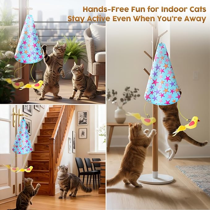 Interactive Cat Toy for Indoor Cats: 2 in1 Automatic Hide and Seek Moving Concealed Flying Bird Wand Feather with Chirping Bird Squeaky, Hanging Rechargeable Exercise Cat Toy for Kittens and Adult Cat