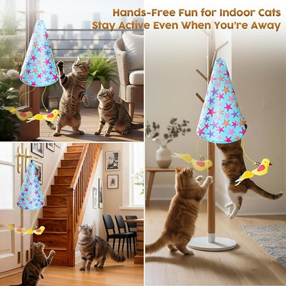 Interactive Cat Toy for Indoor Cats: 2 in1 Automatic Hide and Seek Moving Concealed Flying Bird Wand Feather with Chirping Bird Squeaky, Hanging Rechargeable Exercise Cat Toy for Kittens and Adult Cat