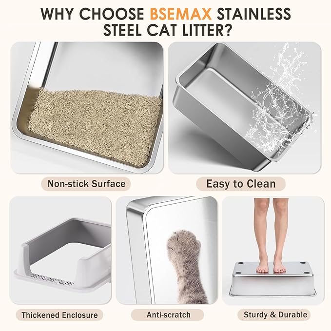 Stainless Steel Litter Box with Lid: Metal Cat Litter Box for Small Cats with Scoop, High Sided Kitty Litter Pan Tray, 17.4'' x 13.5'' x 8.5'',Non-Stick, Anti-Leakage, Easy Cleaning (Light Gray)