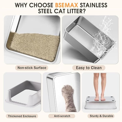 Stainless Steel Litter Box with Lid: Metal Cat Litter Box for Small Cats with Scoop, High Sided Kitty Litter Pan Tray, 17.4'' x 13.5'' x 8.5'',Non-Stick, Anti-Leakage, Easy Cleaning (Light Gray)