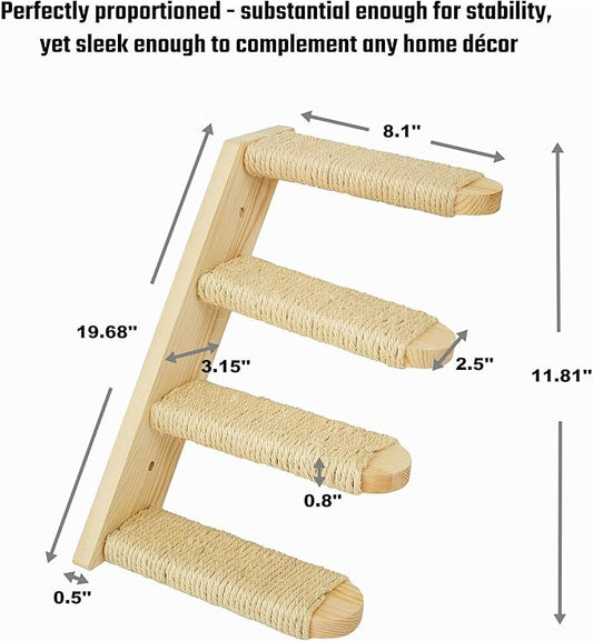 Wall-Mounted Cat Stairs, 4-Step Pine Wood Cat Ladder with Sisal Rope, Space-Saving Climbing Solution for Cats