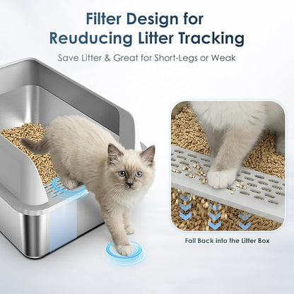 Stainless Steel Litter Box with Lid, Sifting Litter Box for Pine Pellets, 17.3”×13.4”×10.5” Enclosed Metal Litter Boxes for Small Cats & Kittens, High Sided Anti-Leakage, Easy Cleaning, Less Tracking