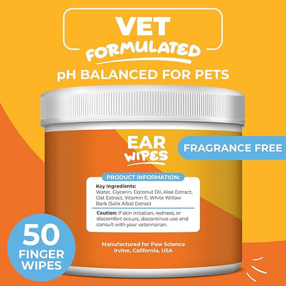 Dog & Cat Ear Cleaner Wipes – Pet Finger Wipes for Cats & Dogs – Cleaning, Soothing, & Deodorizing Itchy Ears – Ear Relief Solution Wash (Unscented)