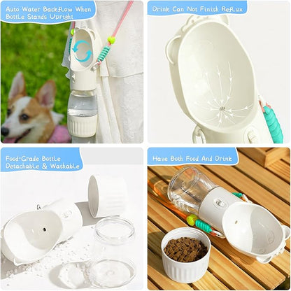 YFL Portable Dog Water Bottle with Food Container - 2 in 1 Travel Puppy Water Dispenser with Crossbody Sling & Strap - Leak Proof, Aesthetic Dog Walking Accessory for Hiking (White)