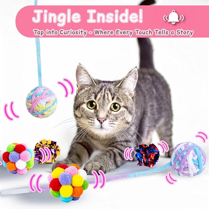 12 Pack 1.7 Inch Cat Toy Balls, Assorted Wool Yarn, Bell & Crinkle Balls for Indoor Cats & Kittens, Interactive Colorful Set