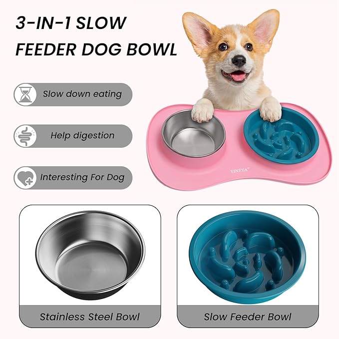 Slow Feeder Dog Bowls Stainless Steel Food and Water Bowl Set 3 in 1 No Spill Waterproof Silicone Pet Food Mat Puppy Feeding Station for Large Medium Small Breed Non Slip Metal Dish Tray by YINEYA