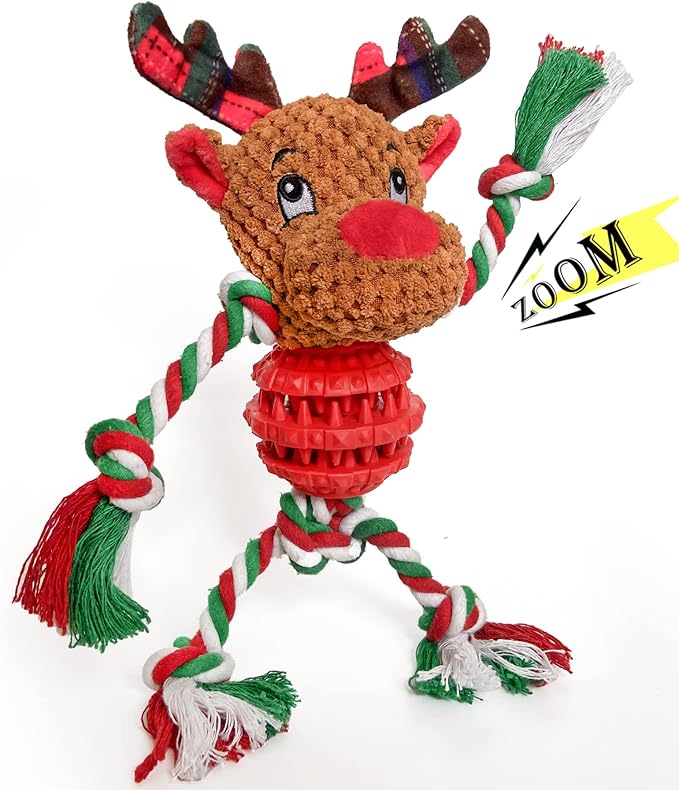 Dog Christmas Toys for Small Medium Large Dogs, Squeaky Plush Dog Toys + Interactive Dog Toys + Dog Rope Toys Multi Function Cute Reindeer Puppy Toys for Christmas