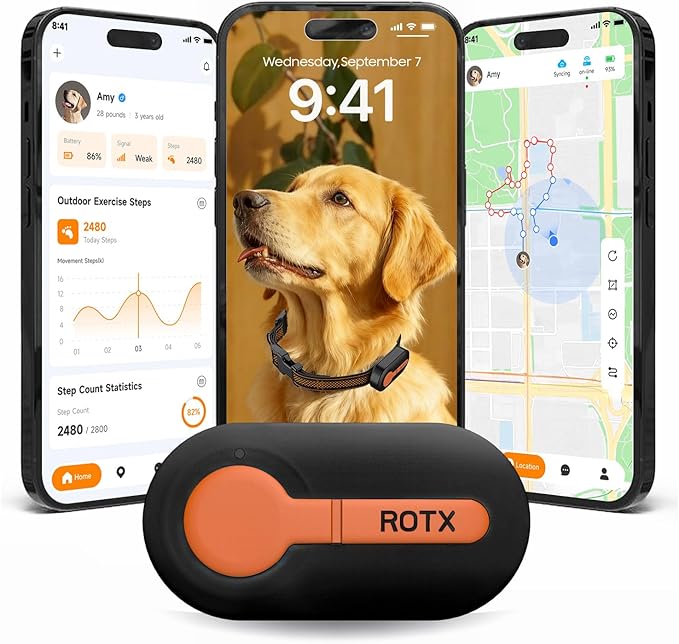 ROTX Dog GPS Tracker Real-time Tracker Alerts Virtual Fence Location Dog Cat Collar Attachment of Random Color Subscription Required for Pet Over 11.06lbs Waterproof IP67 Health & Wellness Black