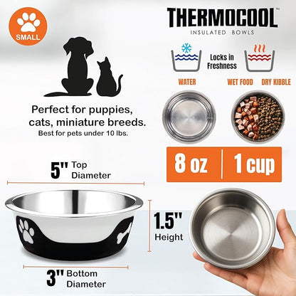 Thermocool Insulated Stainless Steel Pet Bowl - 8 Oz (X-Small) Non-Slip Feeding Dish Reduces Sliding & Spills, Keeps Water Cold & Food Warm, Dishwasher Safe (Black)