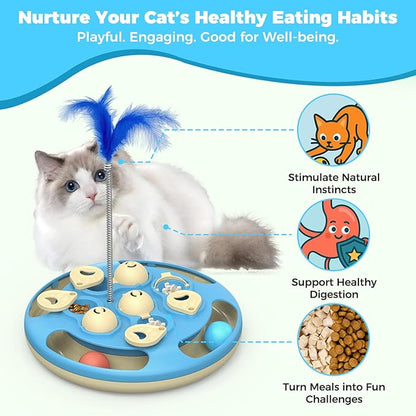 Cat Puzzle Toys Games Level 3 in 1 with Track Balls, Feather Teaser & Treat Feeder | Non-Slip Base | Mental Stimulation Enrichment for Indoor Cats | Kitty Gift, Blue