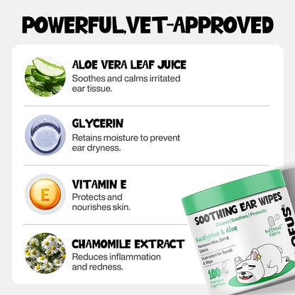 Dog Ear Cleaner Wipes 100 Counts - Vet-Recommended Pet Ear Wipes to Remove Wax, Dirt, Relieve Ear Itching & Inflammation for Dogs & Cats