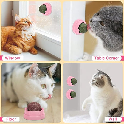 3 Pack Catnip Balls, Catnip Ball for Cats Wall, Edible Kitty Toys for Cats Lick, Safe Healthy Kitten Chew Toys, Teeth Cleaning Dental Cat Toys, Cat Wall Treats (1, Pink)
