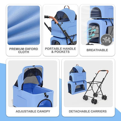 MoNiBloom Double Dog Stroller with Detachable Carriers, 2 in 1 Pet Stroller for Small Medium Dogs Cats, One-Hand Fold Lightweight Pet Buggy with Storage Basket & Canopy