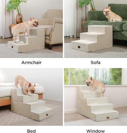 Made4Pets Dog Steps for Bed, Extra Wide Dog Stairs for High Bed Couch Sofa, 35D Foam Pet Steps for Small Dogs and Cats(Up to 40lbs), Non-Slip Bottom Pet Stairs, Beige, 4 Steps