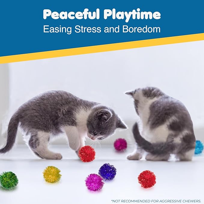 SunGrow Cat Pom Pom Balls, 20 Multi-Colored Shiny Enrichment Tinsel Pom Poms, 1” Tight Woven Yarn, Fuzzy Flash Balls for Indoor Kitten, Assorted Soft Glitter Orbs for Feline's Body and Brain Workout