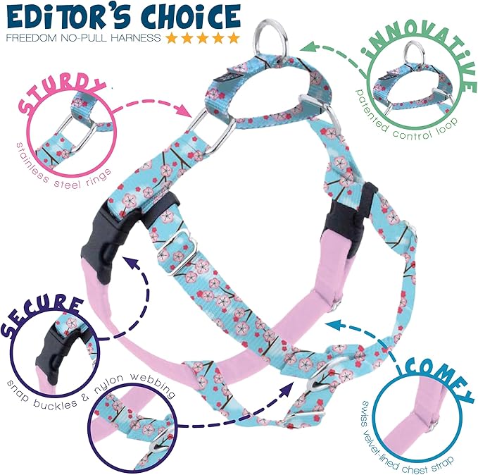 2 Hounds Design - Freedom No-Pull Harness & Training Leash in Pink and Blue | Dual Leash Loops, No Pulling on Walks | Lined to Prevent Chaffing | for Small Sized Dogs (Size S, Chest 20”- 24”)