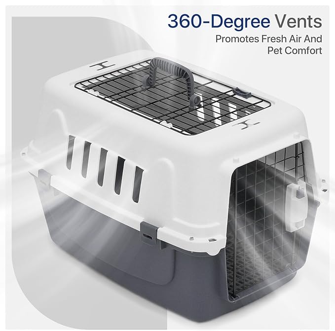 22 Inch Hard-Sided Plastic Dog Carrier 2 Door Travel Crate for Small Dogs Cats up to 22 lbs, Durable Handle, Security Lock Design, Gray