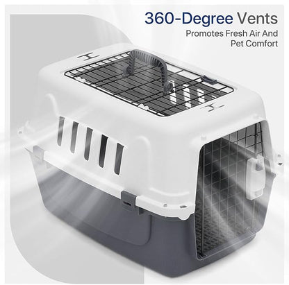 22 Inch Hard-Sided Plastic Dog Carrier 2 Door Travel Crate for Small Dogs Cats up to 22 lbs, Durable Handle, Security Lock Design, Gray