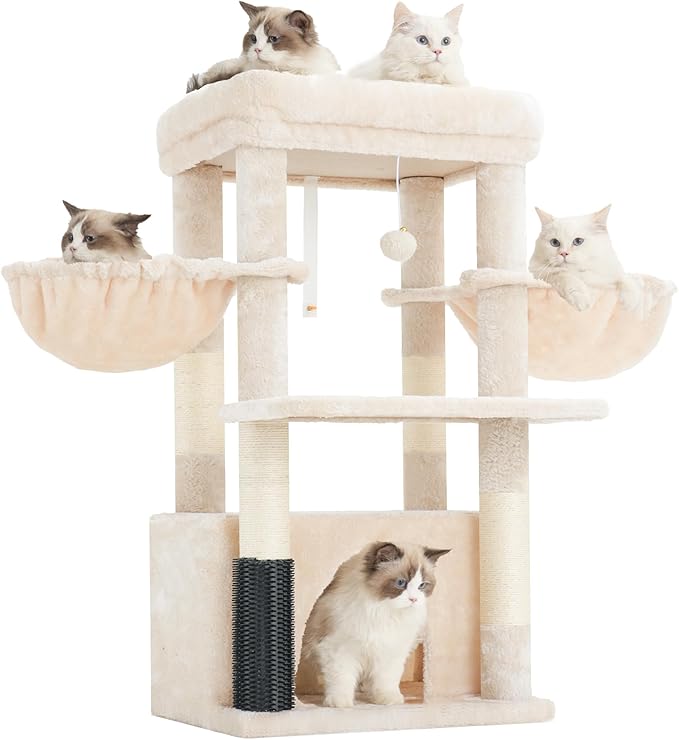 Hey-brother Cat Tree Tower with Extra Large Platform, Spacious Condo, 2 Cozy Hammocks, Self-Grooming Brush, Sisal Scratching Posts for Big Indoor Adult, Maine Coon, 35.4 Inches, Beige MPJ060M