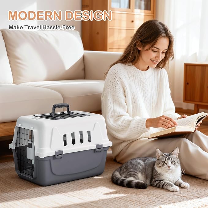 MoNiBloom 18-Inch 2-Door Top Loading Cat Carrier, Plastic Dog Crate Hard-Sided Dog Travel Carrier for Small Dogs and Cats, Ventilation and Security Lock Design for Pets up to 10 lbs (Grey)
