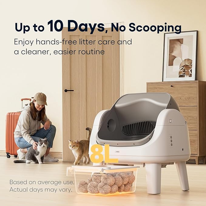 PetPivot Open Top Self Cleaning Cat Litter Box, Automatic Litter Box with 7 Pairs of Safety Sensors, Anti-Pinch Protection and Easy Access Step for Senior Cats, White Grey