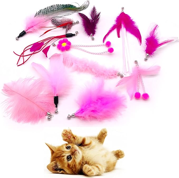 12pcs Cat Feather Toy Replacement for Wand Kitten Toys Interactive Training Bell Inside Playing Gift for Chasing Jumping Exercise Refill Feathers Toy (Pink+Rosepink)