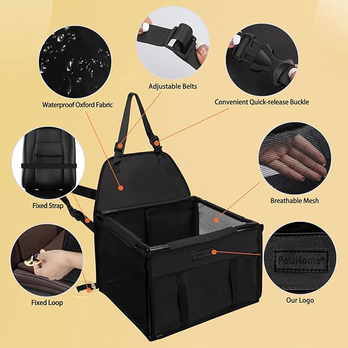PetsHome Dog Car Seat Foldable Dog Car Booster Seat Waterproof Breathable Oxford Travel Bag for Small to Medium Dogs, Puppies, and Pets-Pure Black-Upgrade