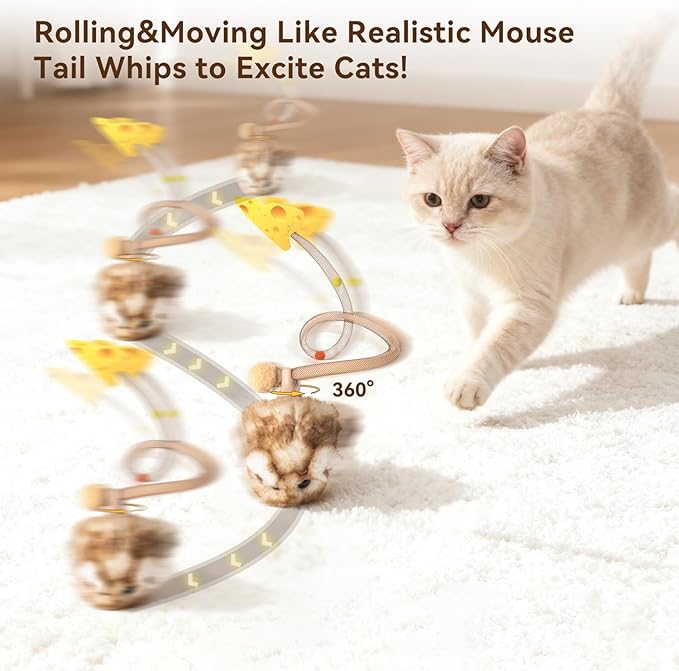 Migipaws Interactive MigiMouse Cat Toy 360° Rolling & Spin with Mesh Plastic Tail for Indoor Cats Smart Motion Sensor, Realistic Squeak, Rechargeable Plush Kitten Toy(Brown Long)