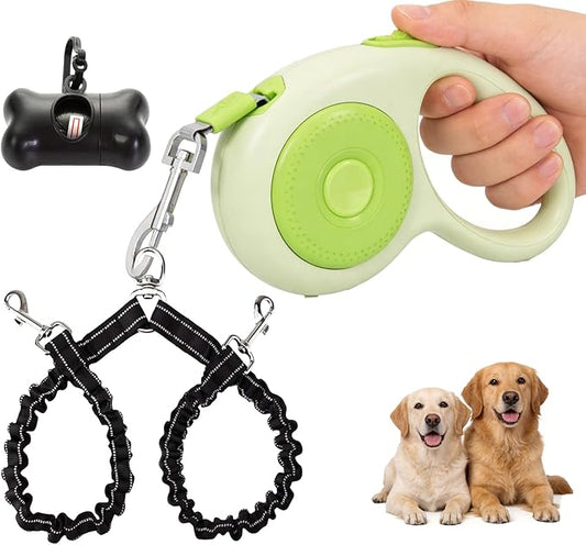 Dual Retractable Dog Leash for 2 Large Dogs (Up to 110 Lbs Each), One-Button Break and Lock, Non-Slip Grip, Double-Headed, 16 FT Extendable Pet Leash with Poop Bags, 360° Tangle-Free (Green, Large)