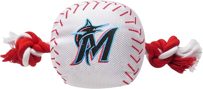 MLB MIAMI MARLINS Baseball Rope Toy for DOGS & CATS. Tough nylon, Sporty Baseball Design, Heavy-duty ropes with Inner SQUEAKER