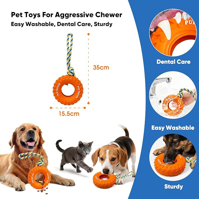 Deeow Dog Tire Toy, Treat Dispensing Chew Toy for Teething Clean and Dental Care, Natural Rubber Dog Toy for Fetching Game, Tug-of-war Interactive Slow Feeder Enrichment Pet Toy-Orange