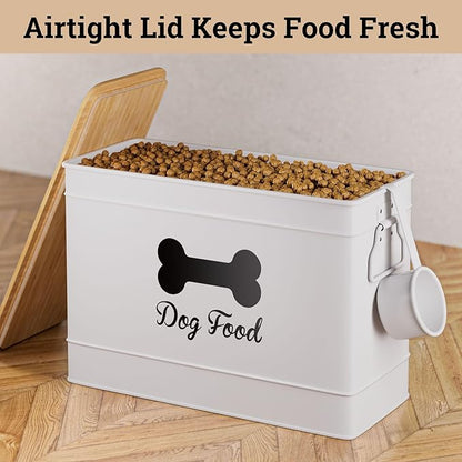 Dog Food Container Airtight 15 lb (50 Cup) Capacity with Metal Scoop - Cute Airtight Dog Food Storage Container with Bamboo Lid - White Metal Kibble Storage Bin for Dogs up to 100 lbs - Big Pet Jar
