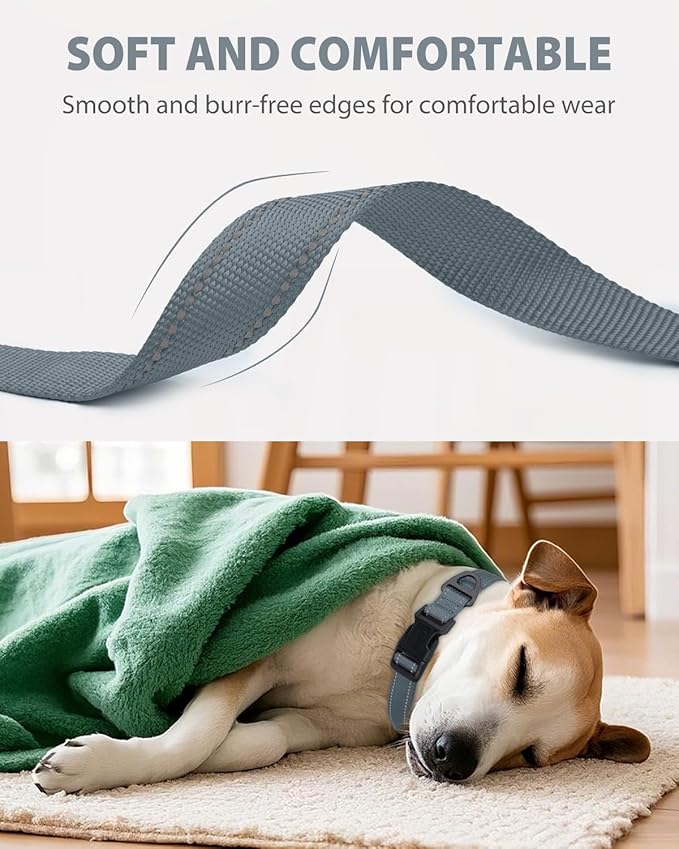 Joytale Dog Collar for Large Dogs, Strong Double-Sided Reflective Nylon Collar for Night Safety, Adjustable Quick-Release for Daily Walking, Gray, L (1" Width)