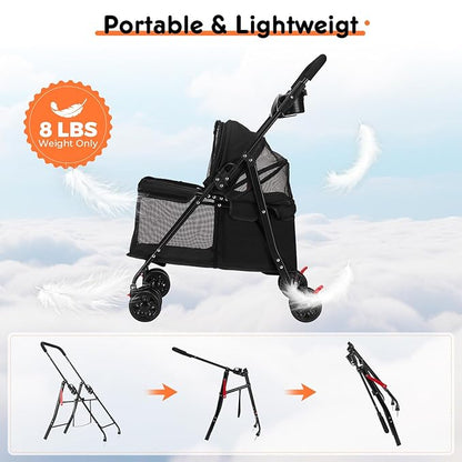 Foldable Pet Stroller for Small/Medium Pets up to 22 lbs - Lightweight 4-Wheel Design with Sun Canopy, Storage Bag & Breathable Mesh（Black