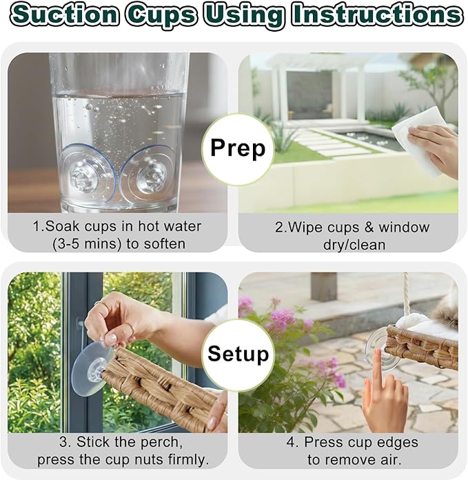Cat Window Perch with 4 Strong Suction Cups,PE Rattan Basket Hammock with Soft Washable Plush Cushion,Cozy Hammock Perches for Large Indoor Cats Kittens Sunbathing Bird Watching