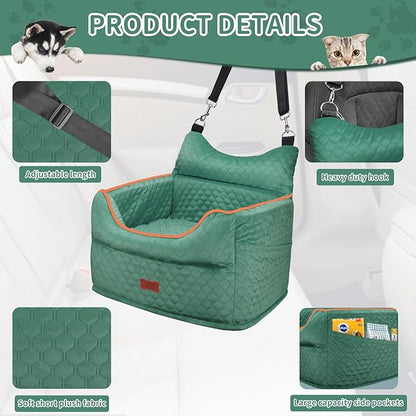 Dog Car Seat - Memory Foam Dog Booster Seats for Small Dogs Up to 25lbs-Elevated Pet Car Seat with Storage Pockets and Dogs Seat Belt-Pet Travel Bed for Front & Back Seats-Removable Washable-Green