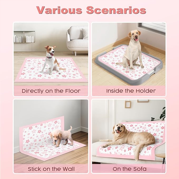 MIZOK Dog Pee Pads Extra Large 28"x34", Potty Pads for Big Dog Breeds, Super Absorbent & Leak-Proof, Pink Cherry Blossom Prints, Thick & Heavy, 4 Adhesive Tabs, XL (40 Counts)