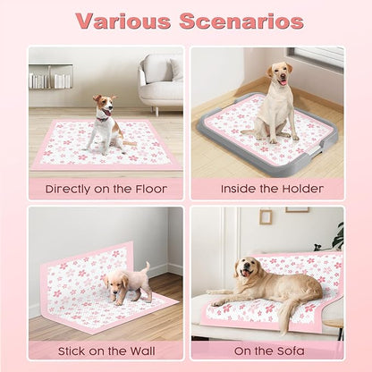 MIZOK Dog Pee Pads Extra Large 28"x34", Potty Pads for Big Dog Breeds, Super Absorbent & Leak-Proof, Pink Cherry Blossom Prints, Thick & Heavy, 4-Corner Adhesive Tabs, XL (30 Counts)