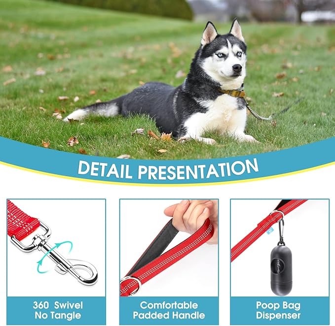 BAAPET Two Handle Dog Leash, Dual Soft Padded Handles with Traffic Control Handle Leash for Small Medium or Large Dogs (1.0'' x 5 FT, Red)