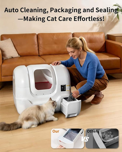 Automatic Cat Litter Box Self-Cleaning, Auto Sand Refilling, Auto Packing & Sealing, Auto Bag Replacement, One-Click Cleaning, Deodorization, APP Control, Radar Weight TOF Safety Sensors for Cats