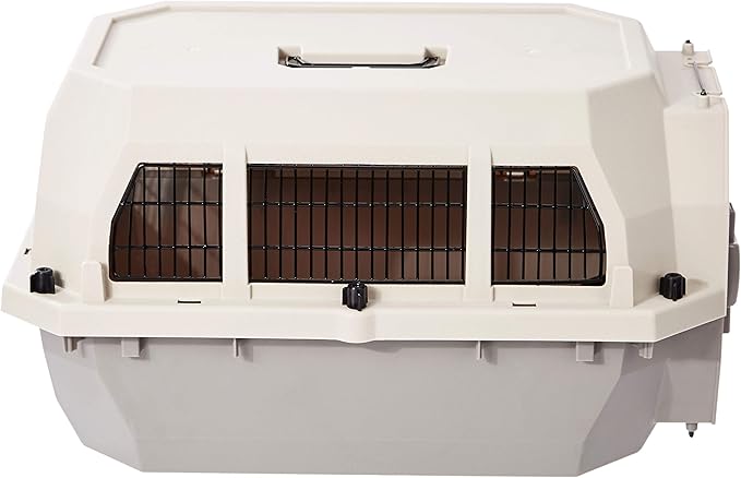 Amazon Basics Hard-Sided Dog and Cat Kennel, Single-Door Travel Pet Carrier with Metal Wire Ventilation, 23.6"L x 15.7"W x 13"H, Beige
