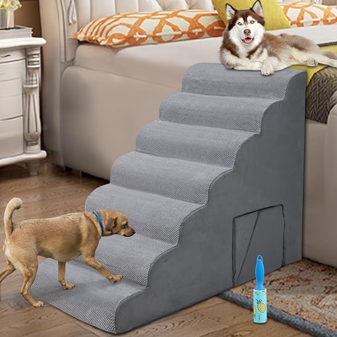 7-Step Dog Stairs for Bed 30-36" H, Dog Steps for High Bed, Pet Steps for Small, Older Pets, Non-Slip Balanced Pet Ramp Indoor, Grey