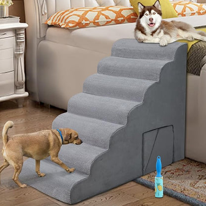 7-Step Dog Stairs for Bed 30-36" H, Dog Steps for High Bed, Pet Steps for Small, Older Pets, Non-Slip Balanced Pet Ramp Indoor, Grey